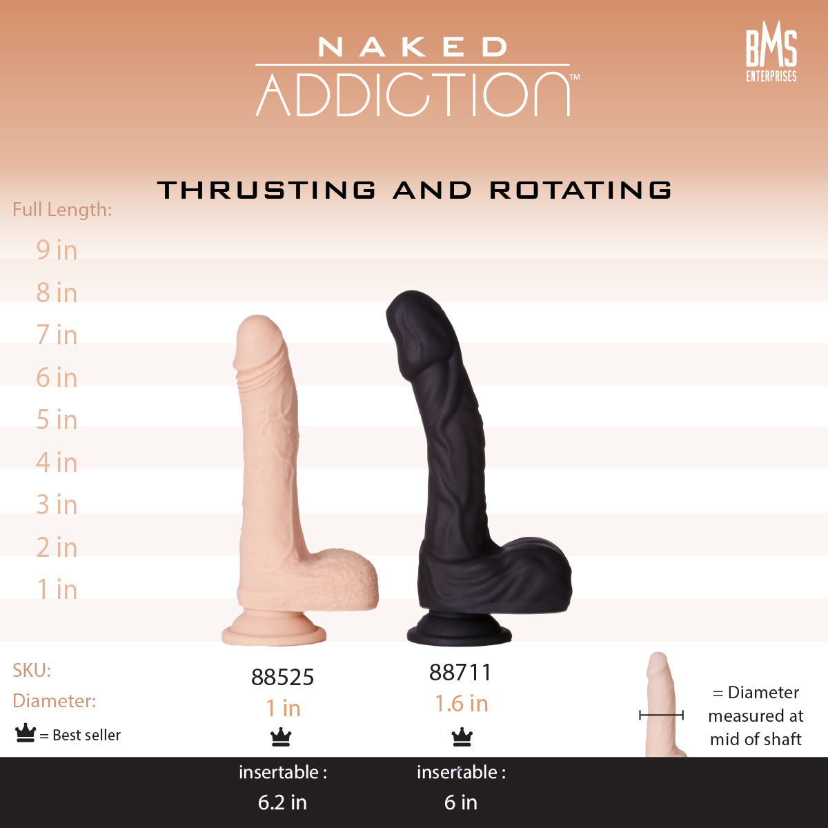 Naked Addiction - 8.6" Silicone Rotating & Thrusting Vibrating Dildo with Remote - Noir
