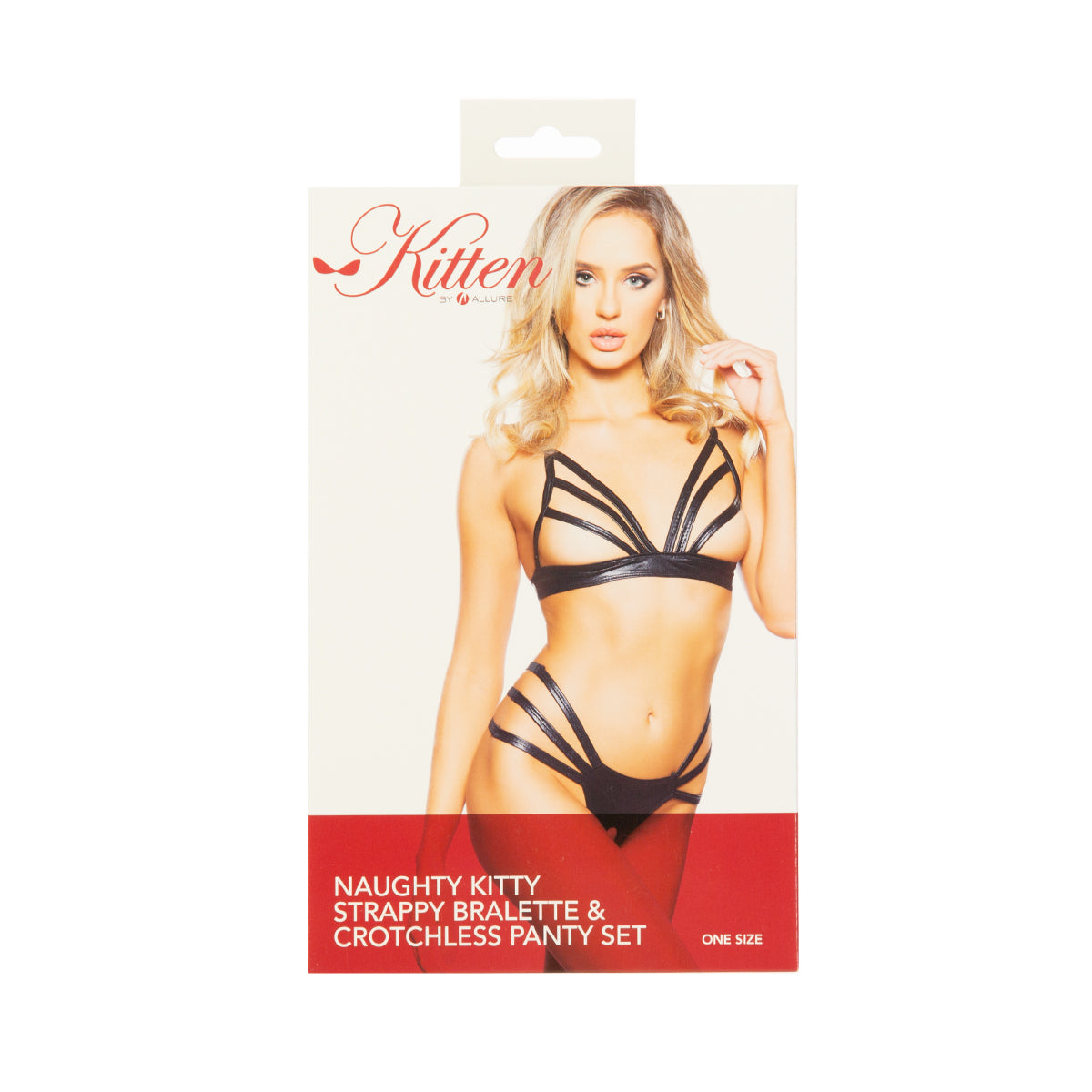Kitten By Allure - Naughty Kitty Strappy Bralette & Crotchless Panty Set - Black - OS