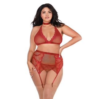 Dreamgirl – 4 Piece Lingerie Set – Red – Plus Size