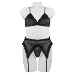 3PC Set Ruffle Trimmed Bra Garter Belt & Panty - Black - M
