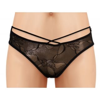 Cherry Wear Lace Panty with Floral Design and Open Back - Black - OS