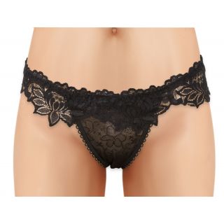 Cherry Wear Lace Panty with Floral Trim - Black - OS