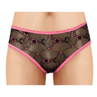 Cherry Wear Lace Panty with Flowers and Crosshatch Back Opening - Pink - OS