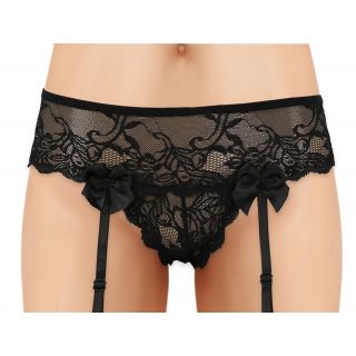 Lace Panty with Garter Straps and Bows - Black - OS