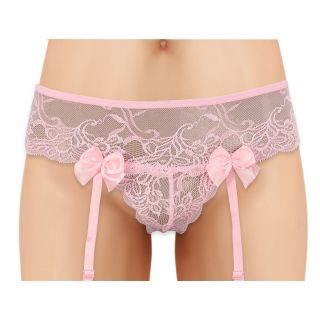 Lace Panty with Garter Straps and Bows - Pink - OS