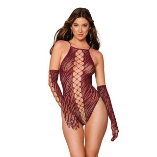 Dreamgirl – Zebra Fishnet Teddy 2pc Set – Burgundy - OS