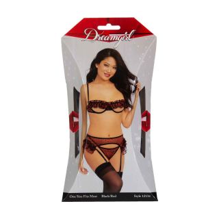 Dreamgirl – 3 Piece Red Heart Garter Set – Black/Red – One Size 