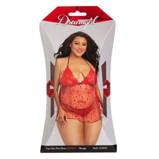 Dreamgirl – Heart Patterned Mesh Babydoll and G-String – Red – Plus Size