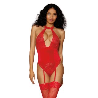 Dreamgirl - Lace and Velvet Garter Teddy – Lipstick Red – OS