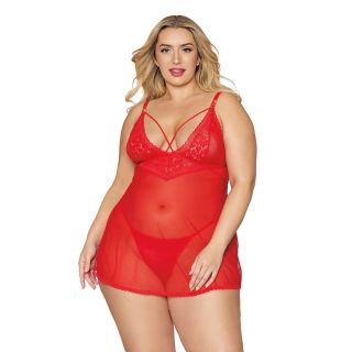 Dreamgirl - Lace and Mesh Babydoll & G-String Set – Lipstick Red  – OS Queen
