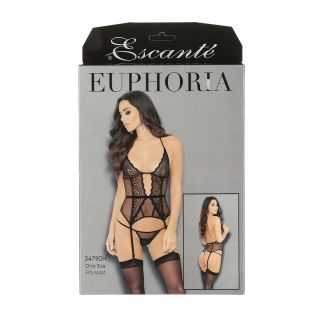 Escanté - Euphoria - Tempting Fishnet Bustier With G-String, Garters, & Hose – Black – OS