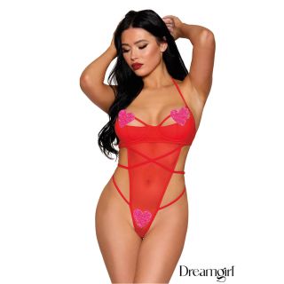 Dreamgirl – Strappy Stretch Mesh Halter Teddy – One Size Fits Most