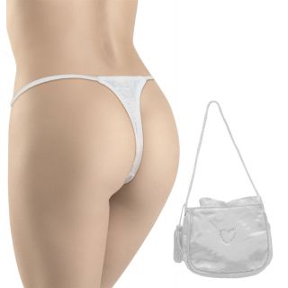 Heart Bling G-String Panty with Matching Tasselled Bling Purse - White - OS