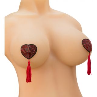 HOT Rhinestone Heart Nipple Pasties - Self Adhesive - Red/Black