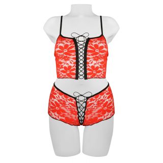 Lace Cami & Boyleg Set - Red/Black - L