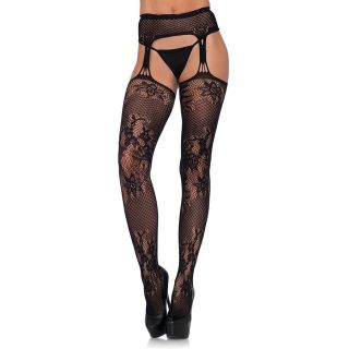 Leg Avenue ~ Patchwork Floral Lace Stockings with Attached Garterbelt - Black - OS