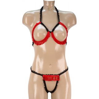 Sexy 2 PC Open Bra & Crotchless Panty Set - Black/Red - OS