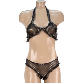 Sexy 2 PC Polka Dot Halter & Low Rise Panty Set - Black - OS