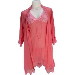 Sexy 3 PC Ensemble with Robe, Babydoll and Thong - Coral - XL