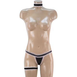 Sexy 3 PC Lace Thong with Long Garter and Short Choker - Black/White - OS