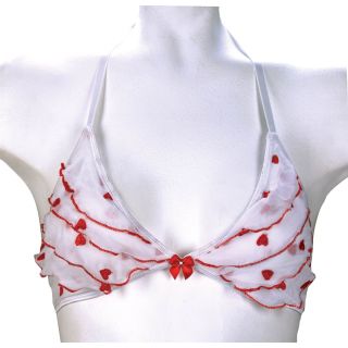 White Mesh Bra with Red Hearts - White/Red